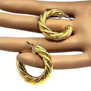 Winding Rib Open End Hoop Pierced Post Earrings Gold Tone 35mm Stainless Steel